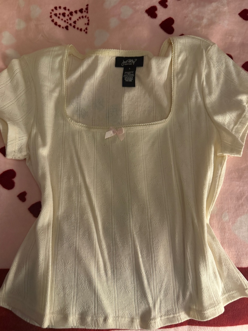 JustFab Cream Square-Neck Short Sleeve Knit Top with Bow